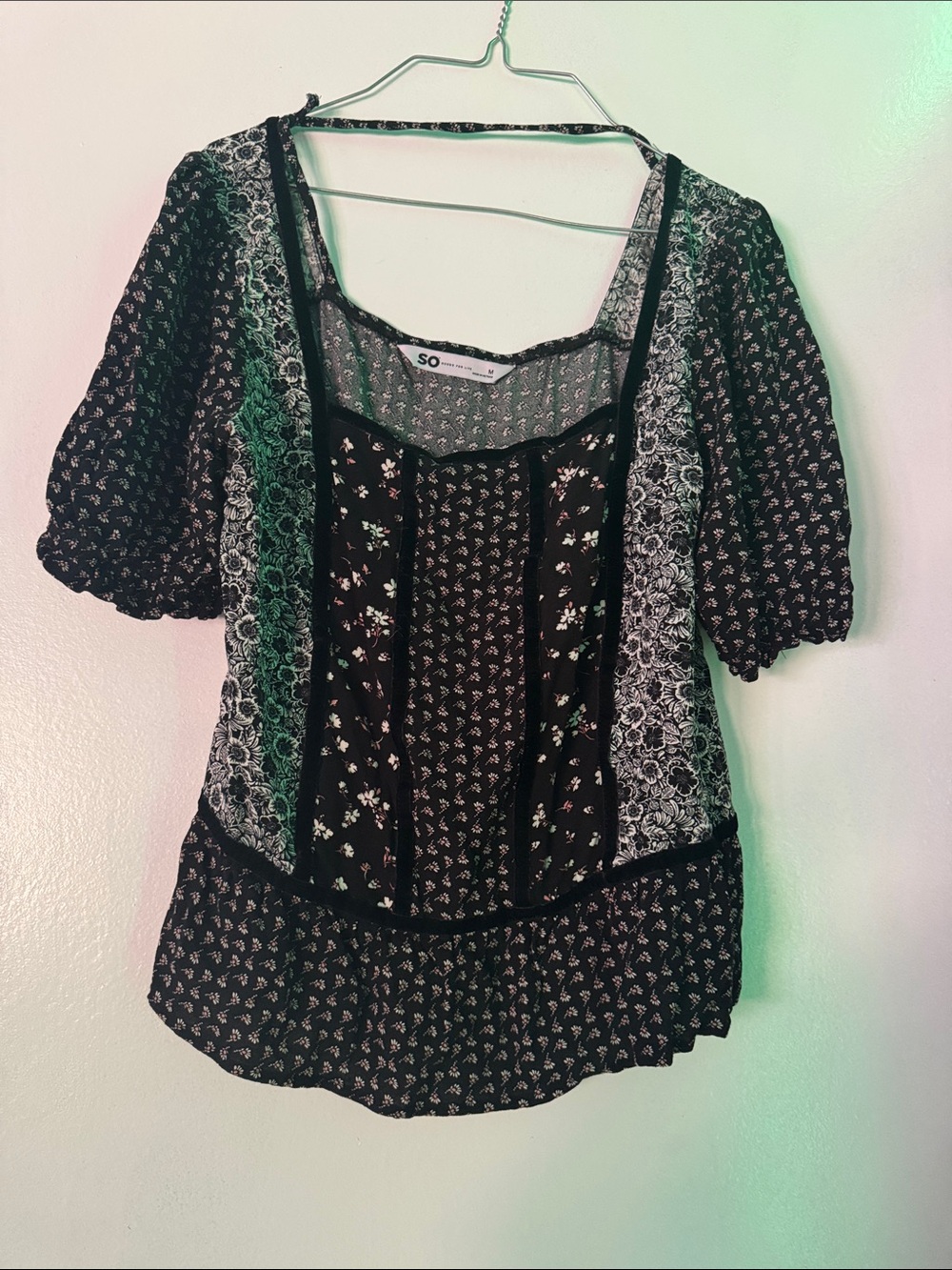 SO Black Mixed Floral Patchwork Square-Neck Blouse